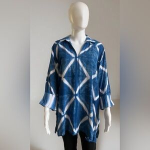 IBU MOVEMENT Cotton Print Tunic Blouse Top Size Large, Blue/White